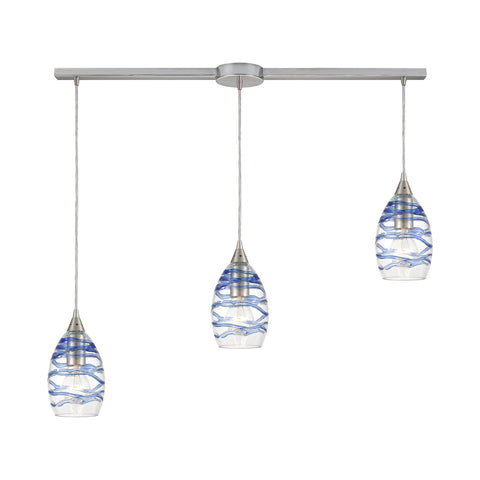Vines 3-Light Pendant in Satin Nickel with Clear Glass with Aqua Blue Strip