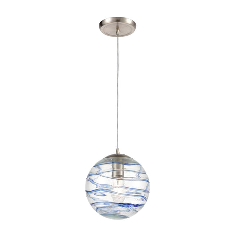 Vines 1-Light Mini Pendant in Satin Nickel with Clear Glass with Aqua Blue Strip