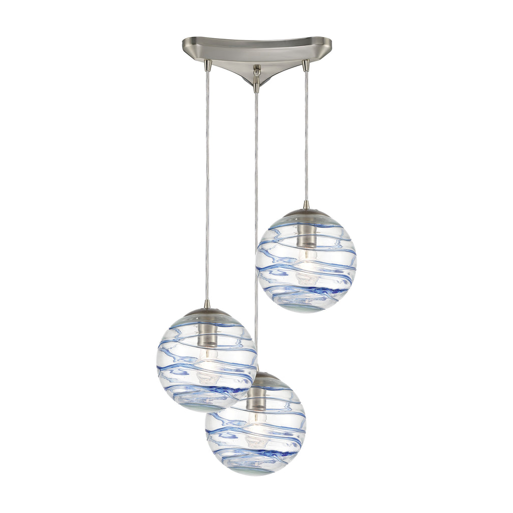 Vines 3-Light Pendant in Satin Nickel with Clear Glass with Aqua Blue Strip