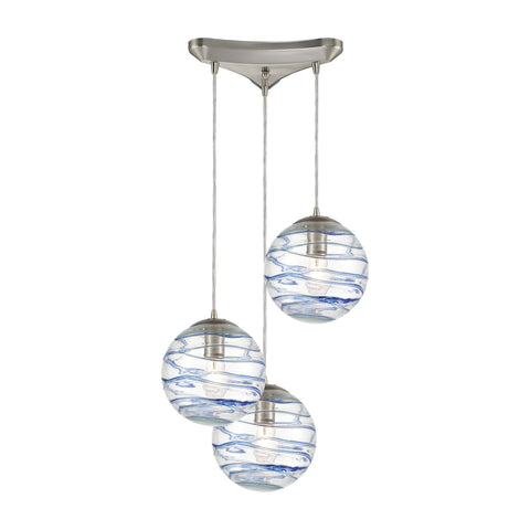 Vines 3-Light Pendant in Satin Nickel with Clear Glass with Aqua Blue Strip