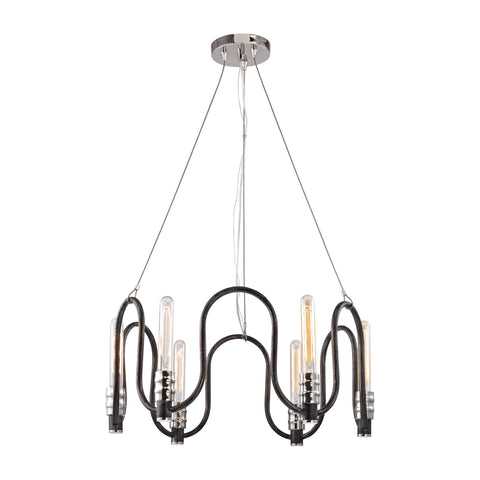 Continuum 6 Light Chandelier In Silvered Graphite With Polished Nickel Accents