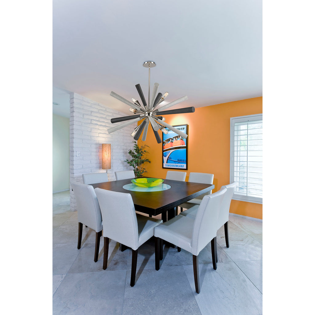 Solara 6-Light Chandelier in Polished Nickel with Washed Grey Wood-tone Spindles