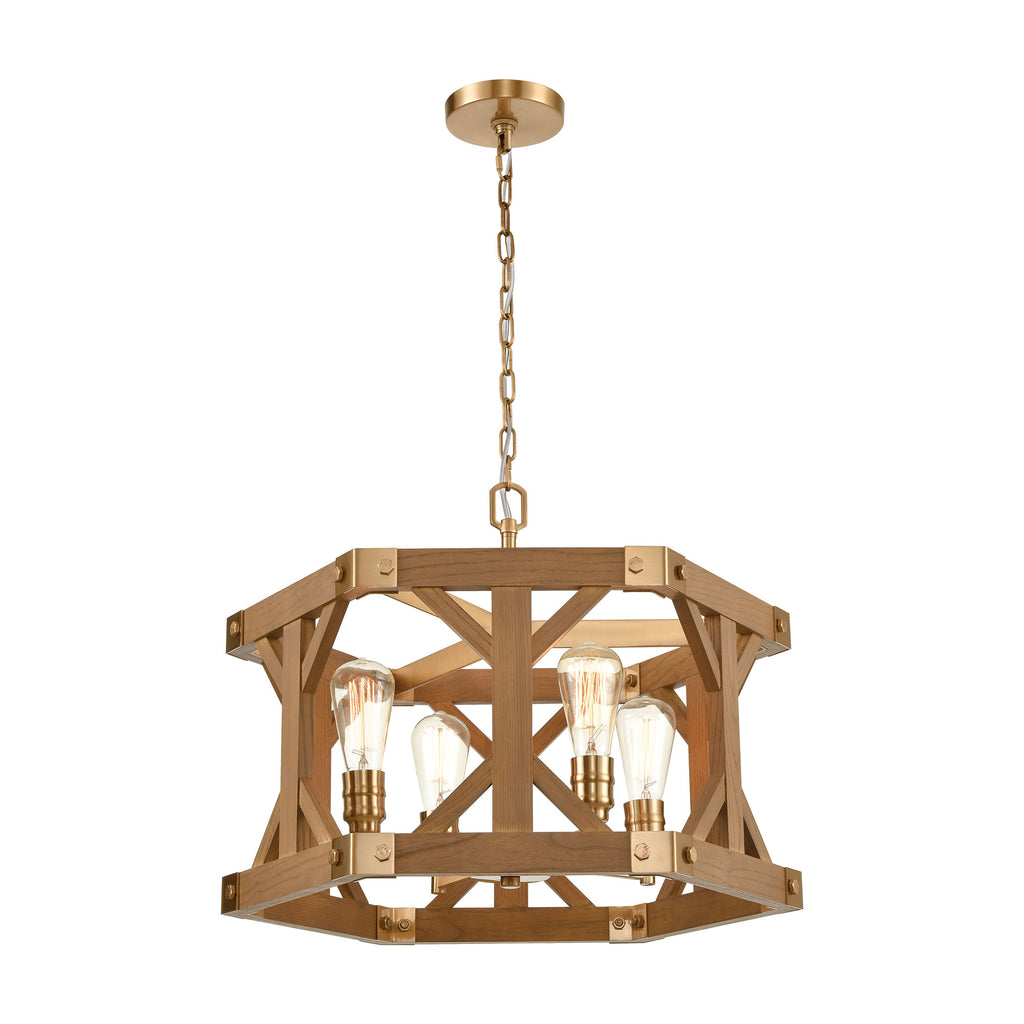 Structure 4-Light Chandelier in Satin Brass and Medium Oak