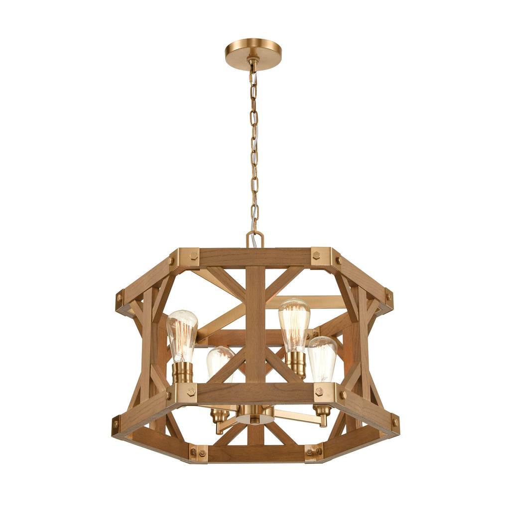 Structure 4-Light Chandelier in Satin Brass and Medium Oak