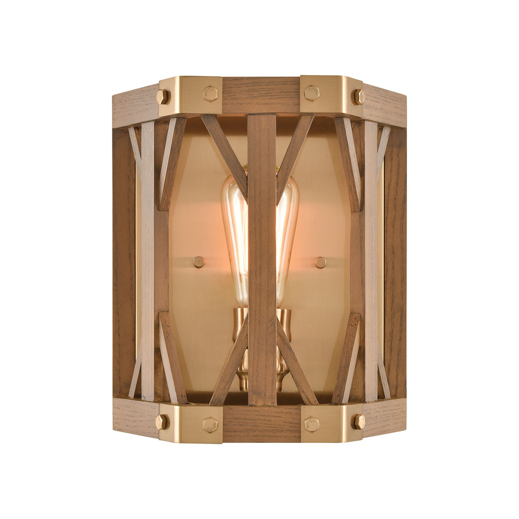 Structure 1-Light Sconce in Satin Brass and Medium Oak
