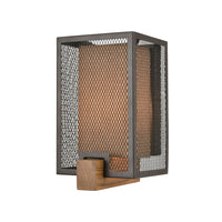 Crossbeam 1-Light Sconce in Oil Rubbed Bronze and Medium Oak with Dark Beige Fabric Shade