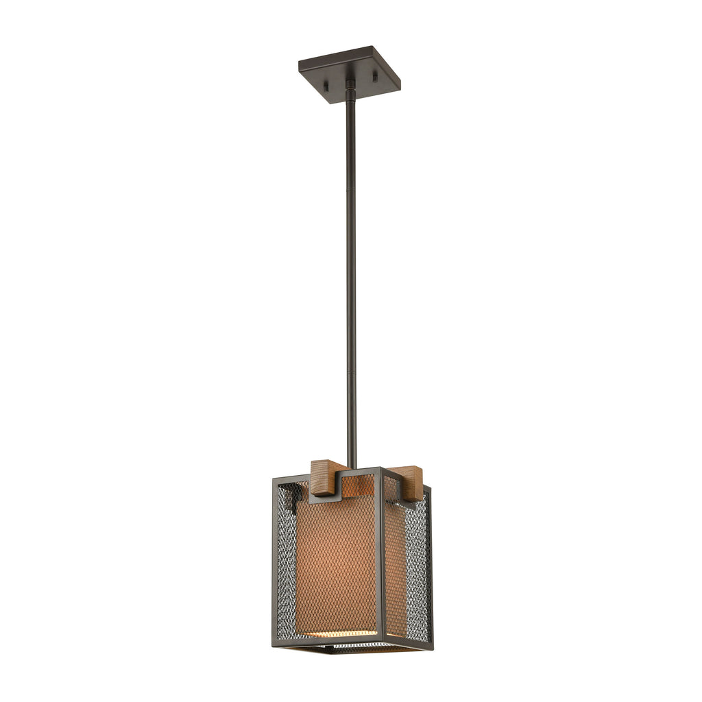 Crossbeam 1-Light Mini Pendant in Oil Rubbed Bronze and Medium Oak with Dark Beige Fabric Shade