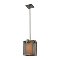 Crossbeam 1-Light Mini Pendant in Oil Rubbed Bronze and Medium Oak with Dark Beige Fabric Shade