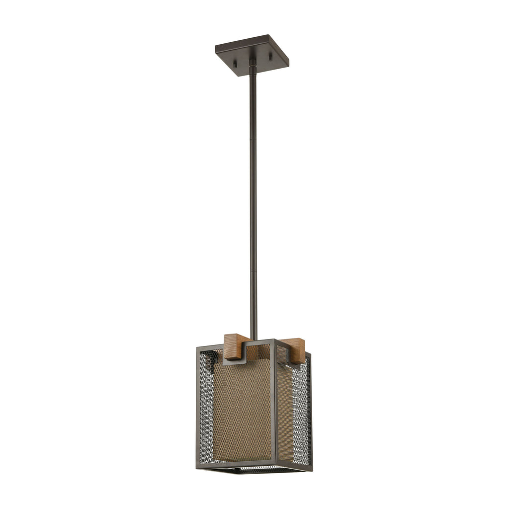 Crossbeam 1-Light Mini Pendant in Oil Rubbed Bronze and Medium Oak with Dark Beige Fabric Shade