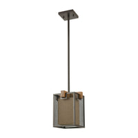 Crossbeam 1-Light Mini Pendant in Oil Rubbed Bronze and Medium Oak with Dark Beige Fabric Shade