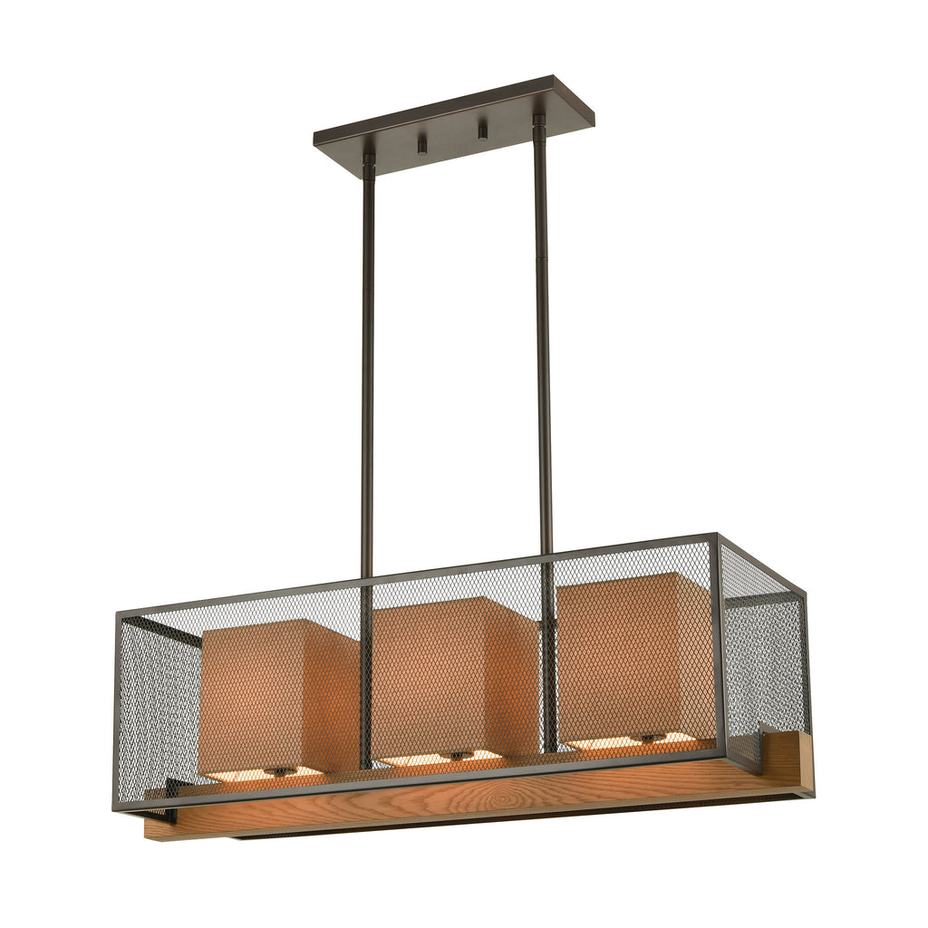 Crossbeam 3-Light Island Light in Oil Rubbed Bronze and Medium Oak with Dark Beige Fabric Shades