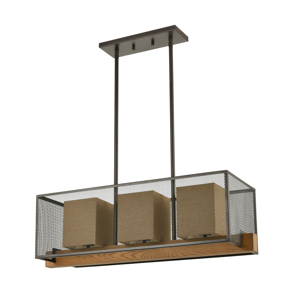 Crossbeam 3-Light Island Light in Oil Rubbed Bronze and Medium Oak with Dark Beige Fabric Shades