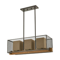 Crossbeam 3-Light Island Light in Oil Rubbed Bronze and Medium Oak with Dark Beige Fabric Shades