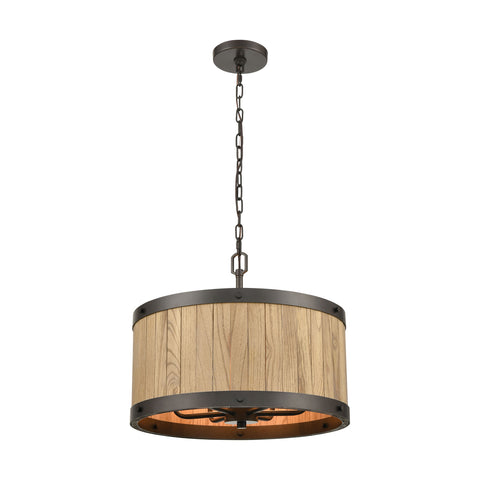 Wooden Barrel 6-Light Chandelier in Oil Rubbed Bronze with Slatted Wood Shade in Natural