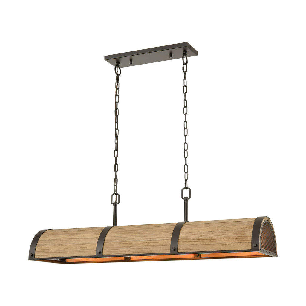 Wooden Barrel 4-Light Island Light in Oil Rubbed Bronze with Slatted Wood Shade in Natural