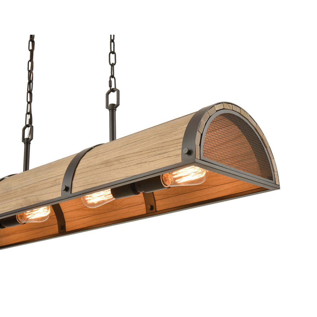 Wooden Barrel 4-Light Island Light in Oil Rubbed Bronze with Slatted Wood Shade in Natural