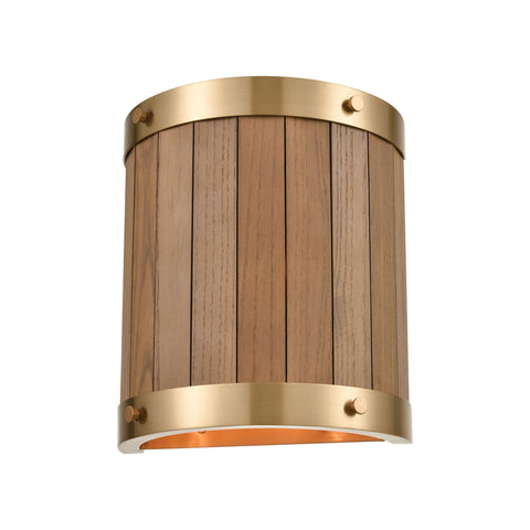 Wooden Barrel 2-Light Sconce in Satin Brass with Slatted Wood Shade in Medium Oak