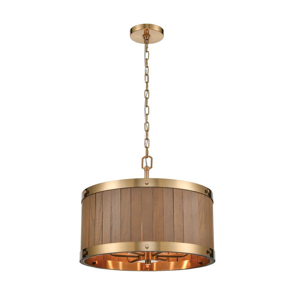 Wooden Barrel 6-Light Chandelier in Satin Brass with Slatted Wood Shade in Medium Oak