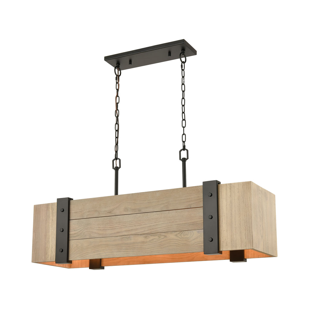 Wooden Crate 5-Light Island Light in Oil Rubbed Bronze with Slatted Wood Shade in Natural