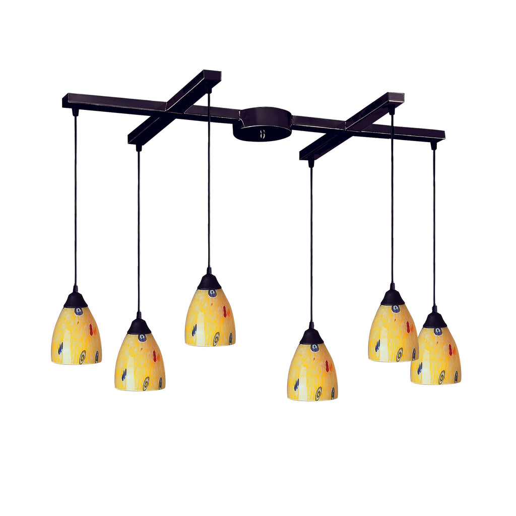 Classico 6-Light H-Bar Pendant Fixture in Dark Rust with Yellow Blaze Glass                          