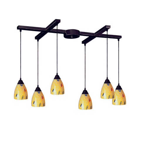Classico 6-Light H-Bar Pendant Fixture in Dark Rust with Yellow Blaze Glass                          