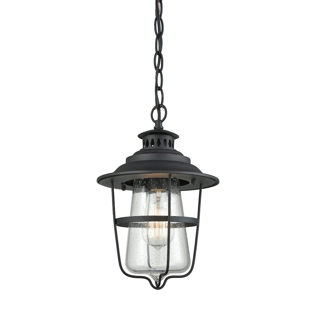 San Mateo 1 Light Outdoor Pendant in Textured Matte Black with Clear Seedy Glass