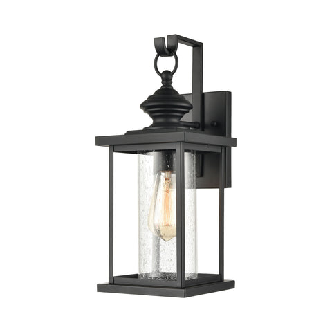 Minersville 1-Light Outdoor Sconce in Matte Black with Antique Speckled Glass