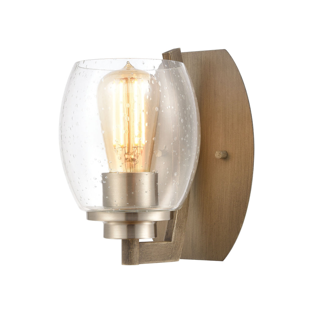 Bixler 1-Light Sconce in Light Wood with Seedy Glass