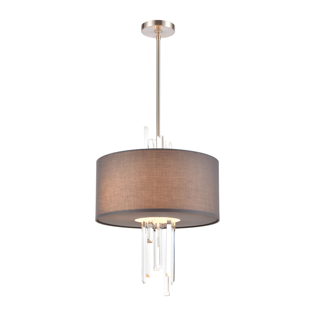 Crystal Falls 3-Light Pendant in Satin Nickel with Graphite Fabric Shade