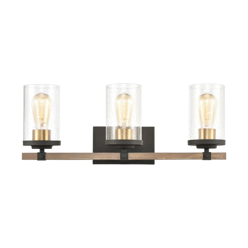 Geringer 3-Light Vanity Light in Charcoal and Beechwood with Seedy Glass