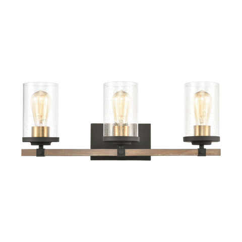 Geringer 3-Light Vanity Light in Charcoal and Beechwood with Seedy Glass