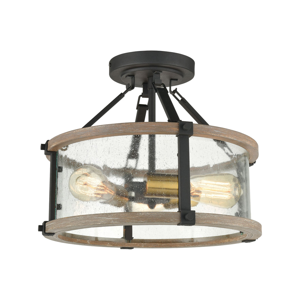 Geringer 3-Light Semi Flush in Charcoal and Beechwood with Seedy Glass Enclosure
