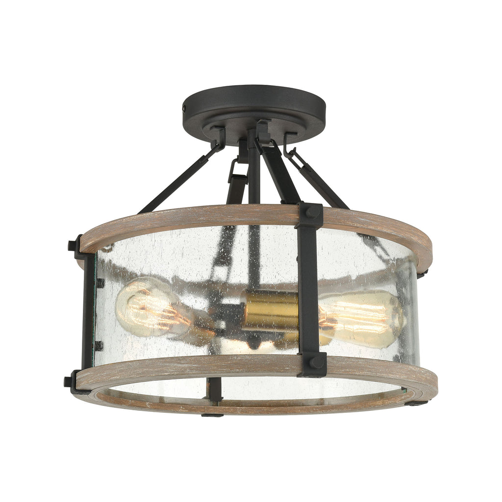 Geringer 3-Light Semi Flush in Charcoal and Beechwood with Seedy Glass Enclosure