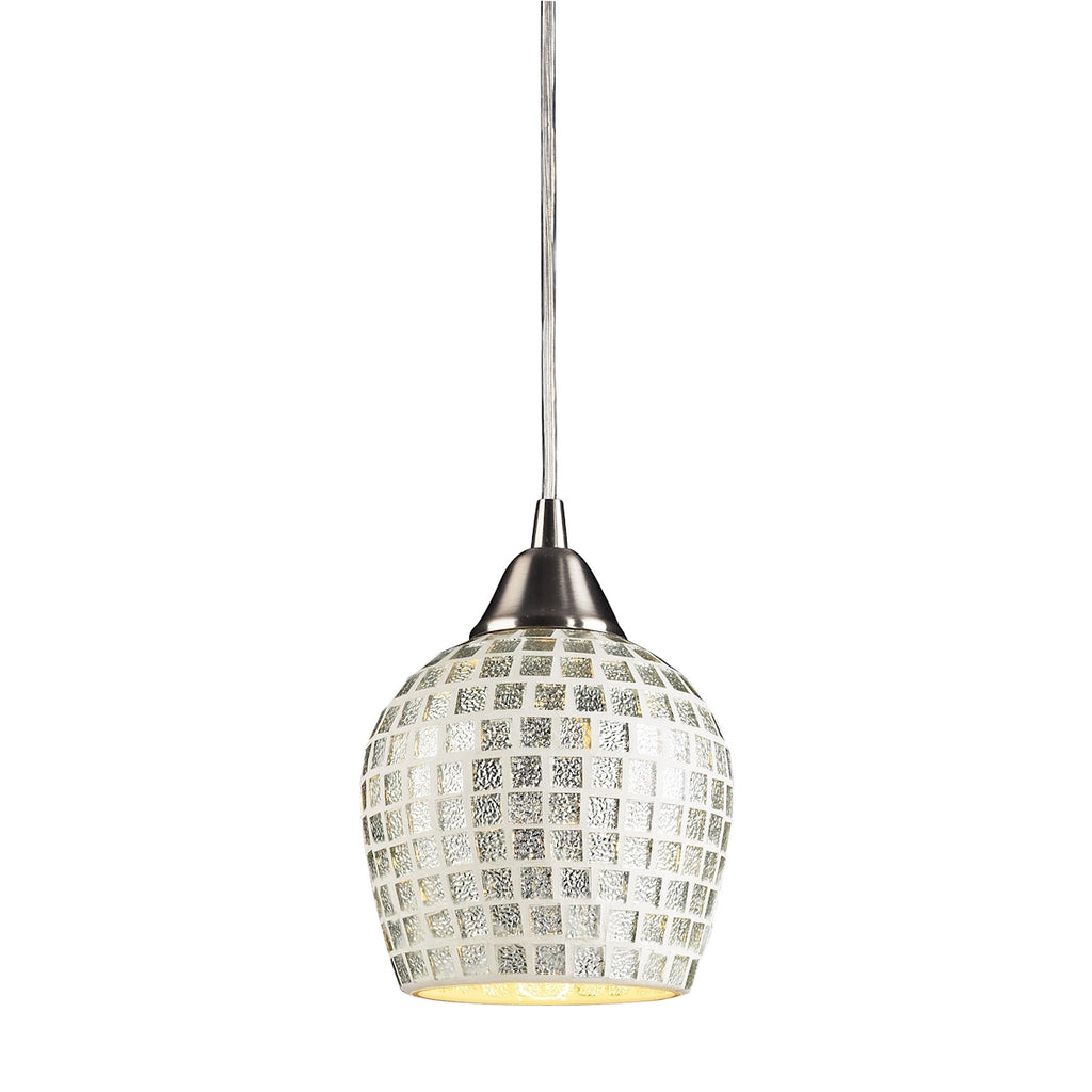 Fusion Collection 1-Light Mosaic Glss Pendant in Satin Nickel with A Silver Mosa