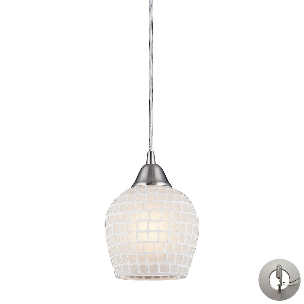 Fusion 1 Light Pendant in Satin Nickel and White Glass - Includes Adapter Kit