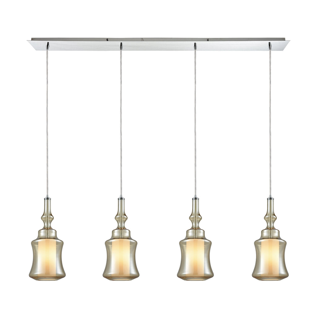 Alora 4 Light Linear Pan Pendant in Polished Chrome with Opal White Glass Inside Champagne Plated Gl