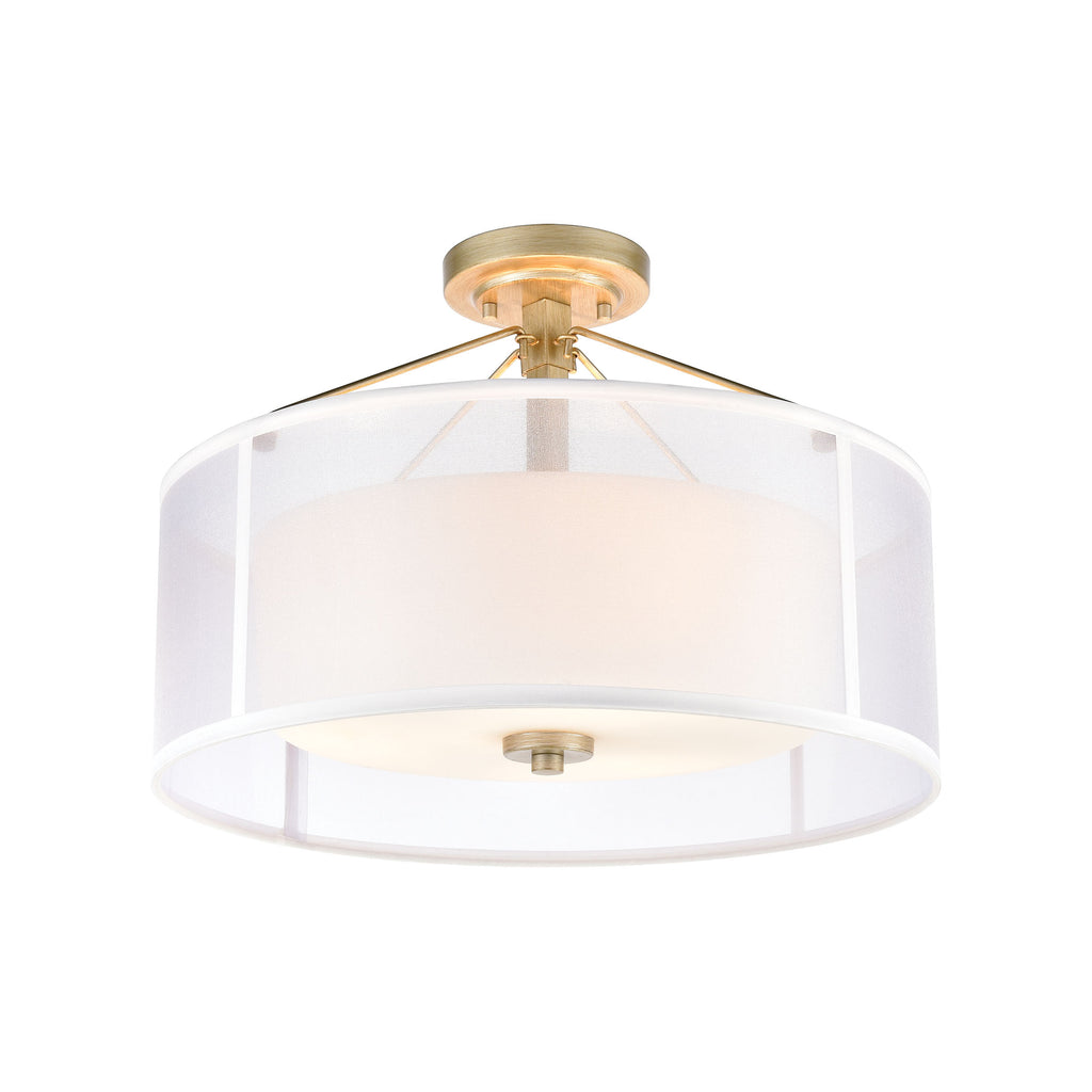 Diffusion 3-Light Semi Flush Mount in Aged Silver with Frosted Glass Inside Silver Organza Shade