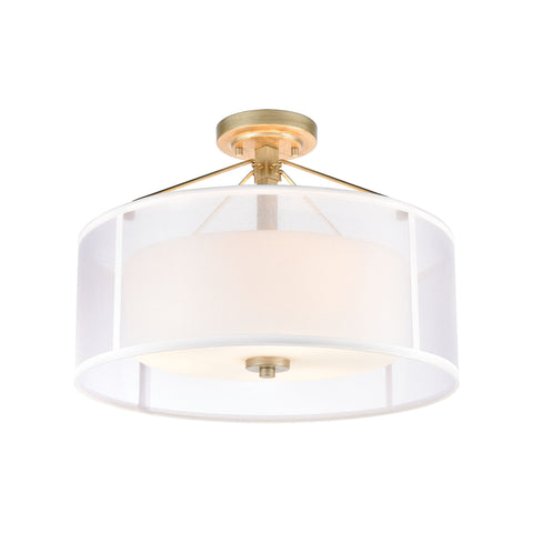 Diffusion 3-Light Semi Flush Mount in Aged Silver with Frosted Glass Inside Silver Organza Shade