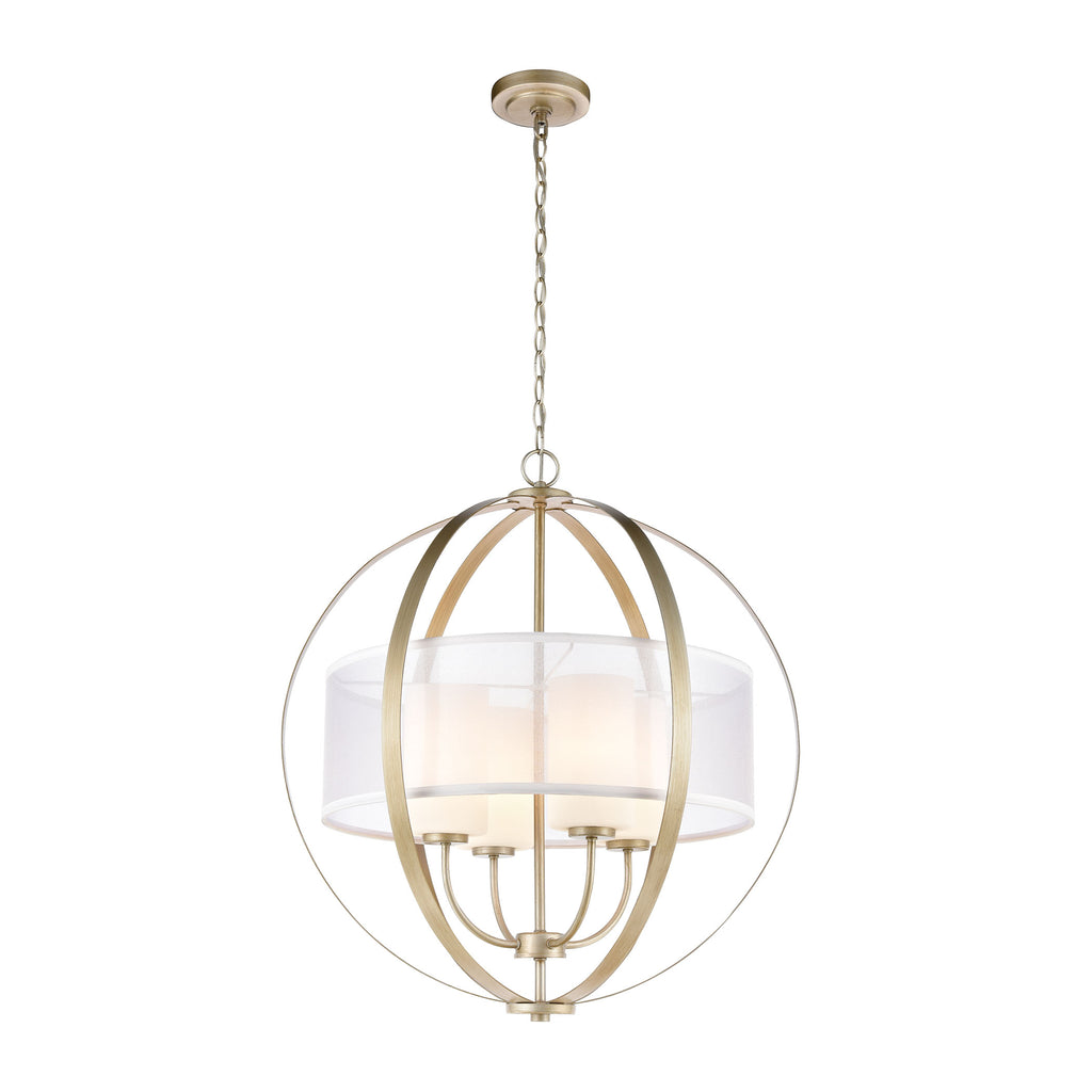 Diffusion 4-Light Pendant in Aged Silver with Frosted Glass Inside Silver Organza Shade