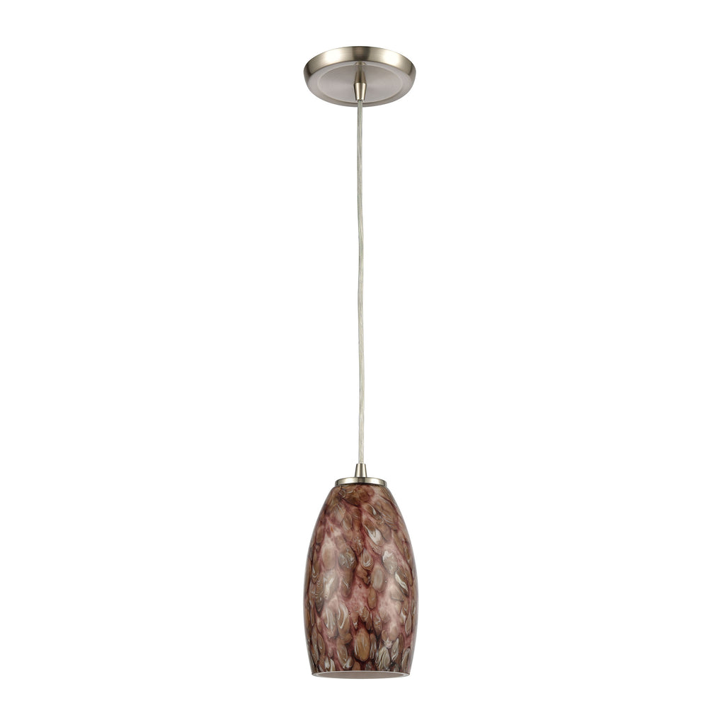 Nature's Collage 1-Light Mini Pendant in Satin Nickel with Feathered Brown and Red-Toned Glass