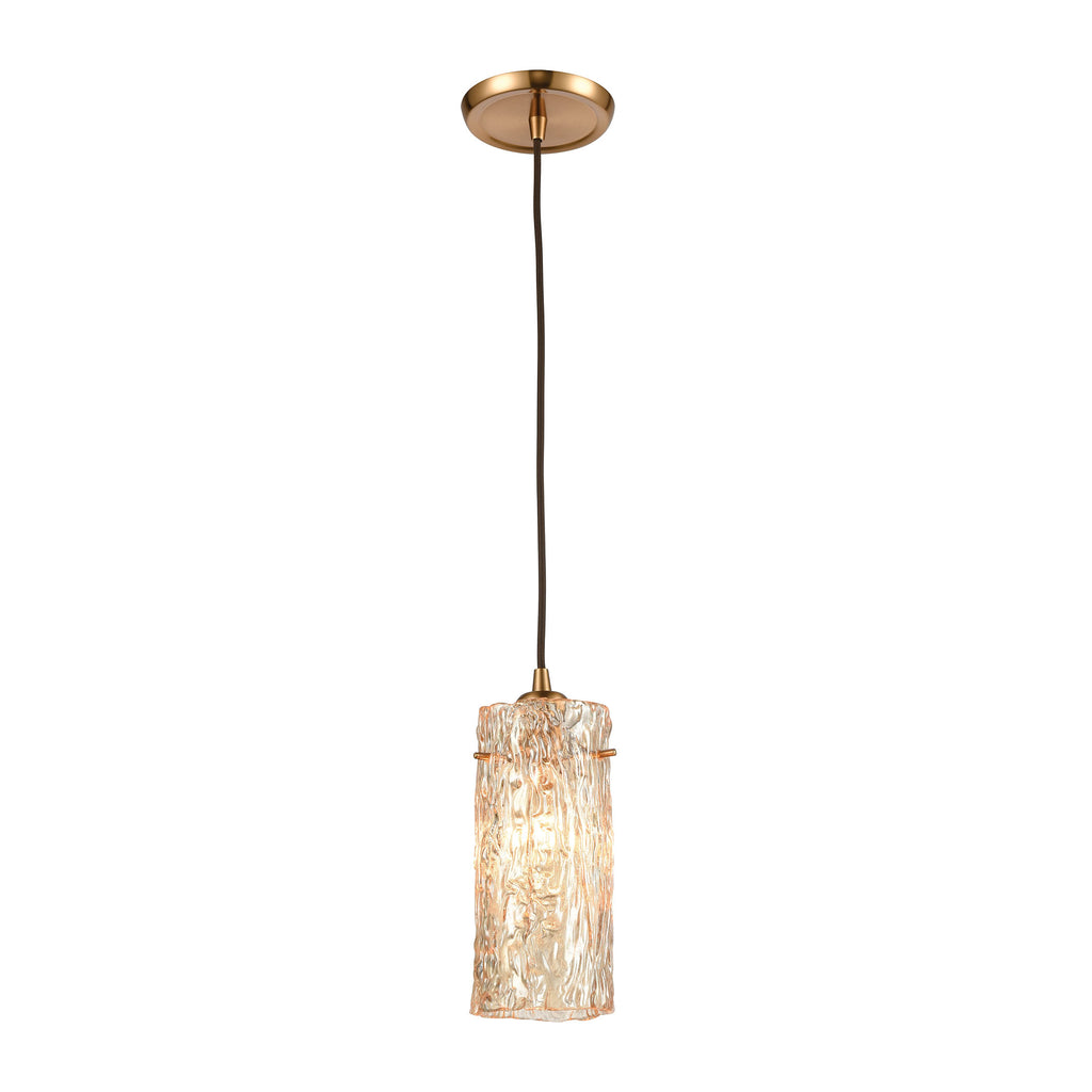 Roubaix 1-Light Mini Pendant in Satin Brass with Heavily Textured Amber Glass