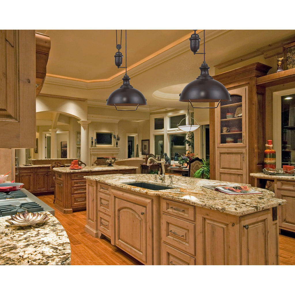 Farmhouse 1-Light Adjustable Pendant in Oiled Bronze with Matching Shade