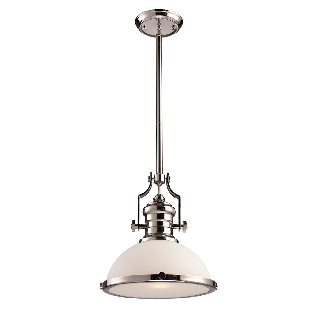 Chadwick 1-Light Pendant in Polished Nickel with White Glass