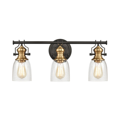 Chadwick 3-Light Vanity Light in Oil Rubbed Bronze and Satin Brass with Seedy Glass