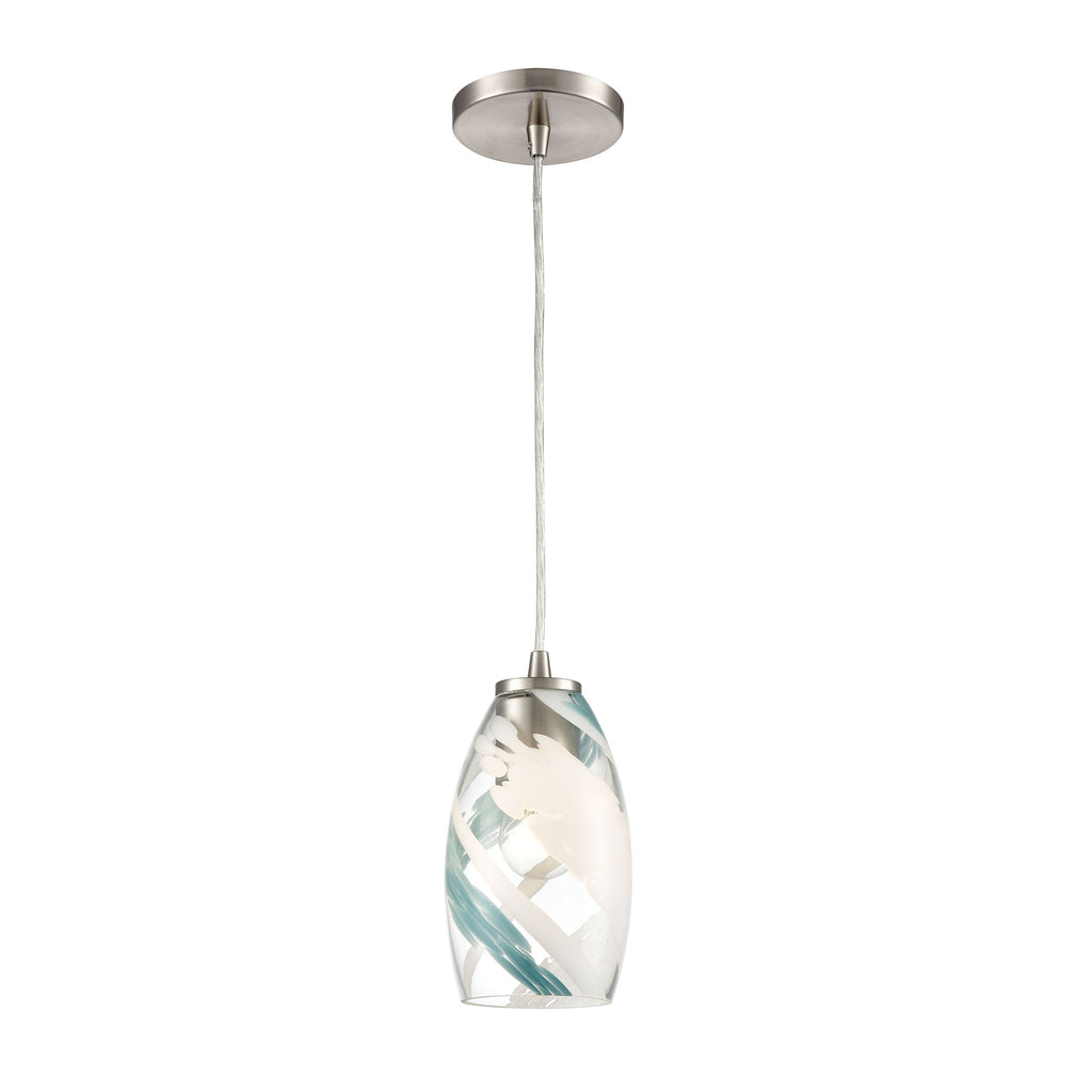 Turbulence 1-Light Mini Pendant in Satin Nickel with Clear Glass with Aqua Blue and White Swirls