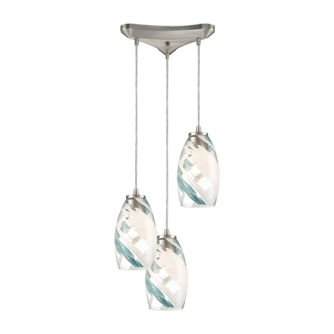 Turbulence 3-Light Pendant in Satin Nickel with Clear Glass with Aqua Blue and White Swirls