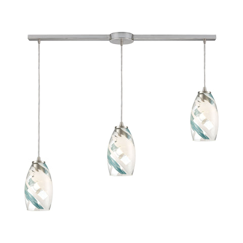 Turbulence 3-Light Pendant in Satin Nickel with Clear Glass with Aqua Blue and White Swirls