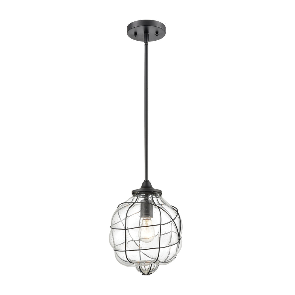 Adorn 1-Light Mini Pendant in Oil Rubbed Bronze with Clear Seedy Glass