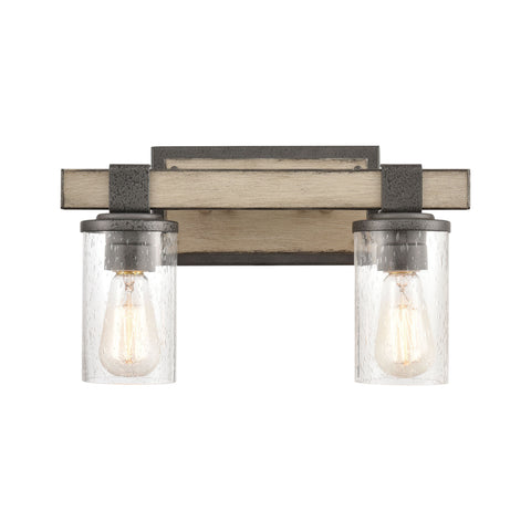Crenshaw 2-Light Vanity Light in Anvil Iron and Distressed Antique Graywood with Seedy Glass