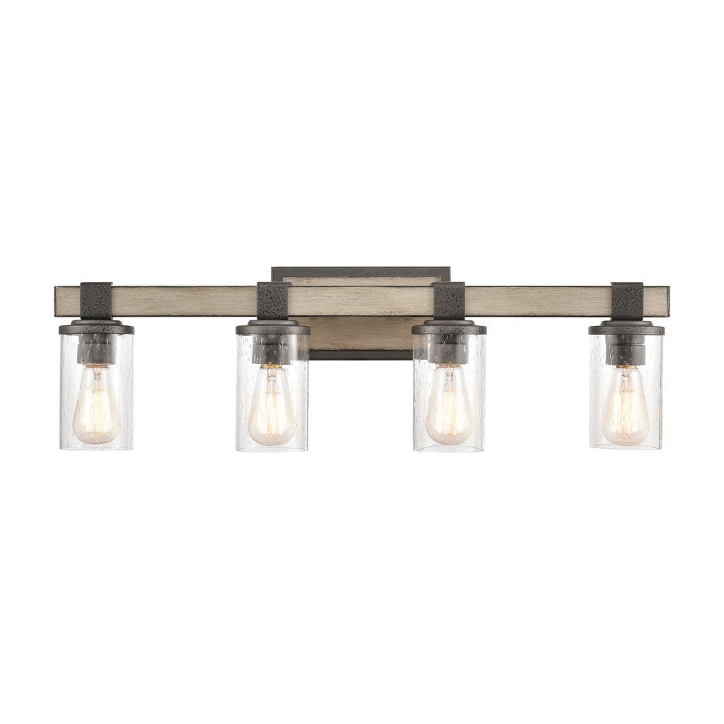 Crenshaw 4-Light Vanity Light in Anvil Iron and Distressed Antique Graywood with Seedy Glass